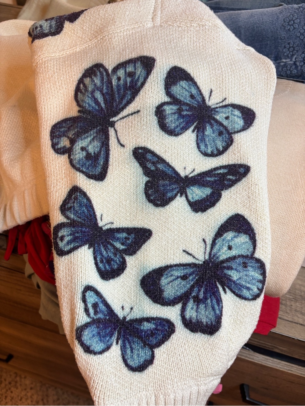 Butterfly Long Sleeve Crew Sweater-Cream with Blue Butterflies-Size Medium - Picture 11 of 13